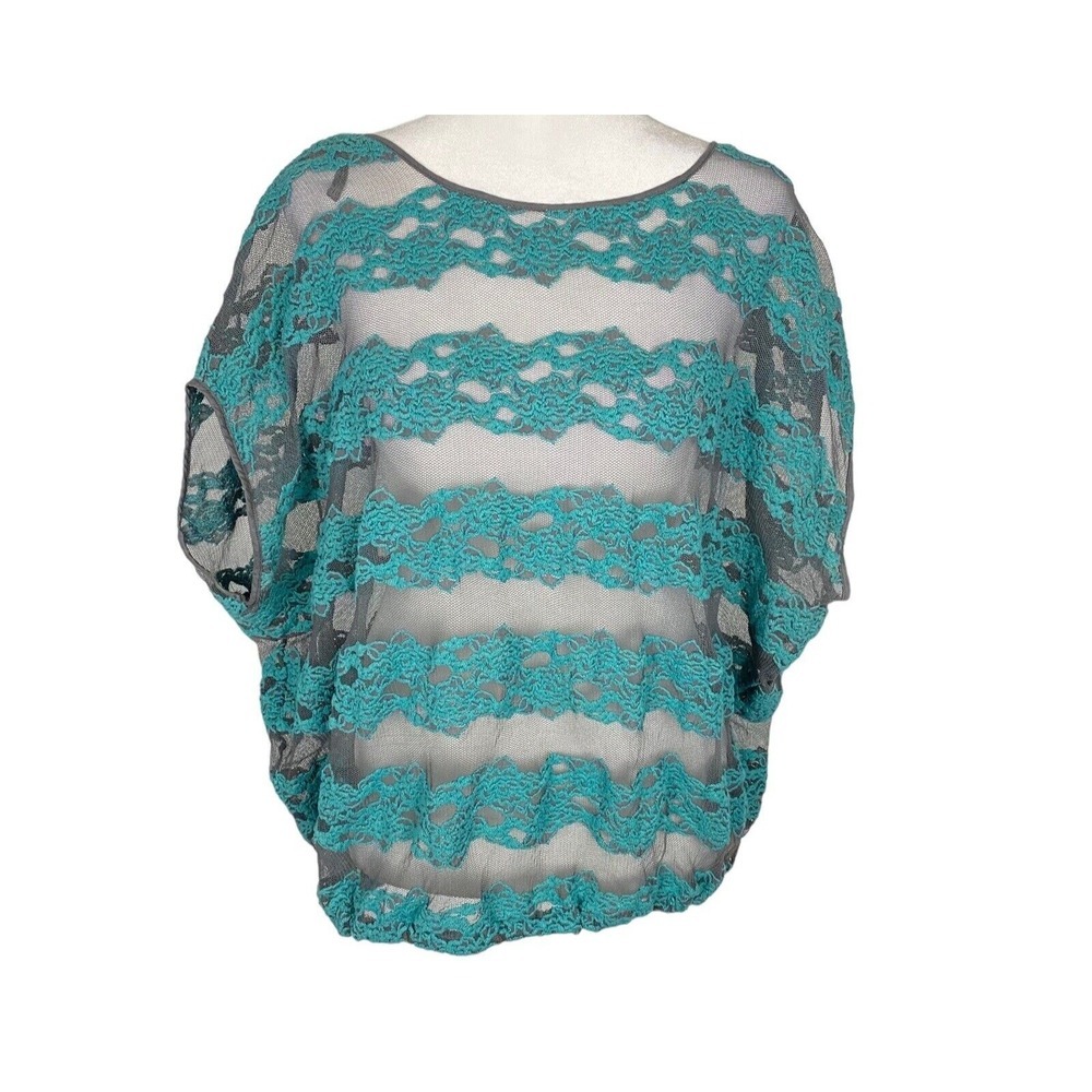 FREE PEOPLE Women Sheer Lace Country Fair Top Banded Waist Sz S Teal 67-15